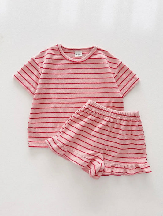 Pink Stripe Terry Cloth Shorts Set