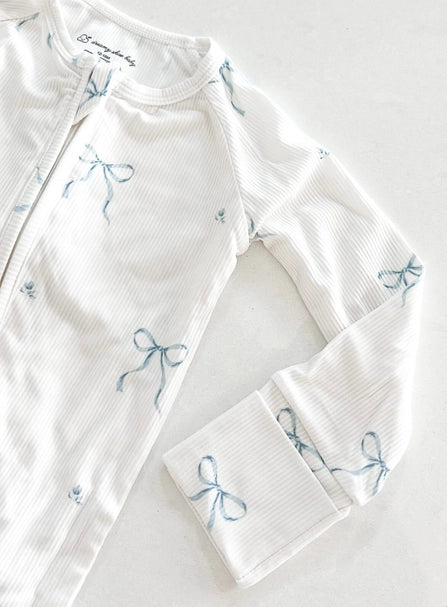 Bamboo Ribbed Zipper Romper in Blue Bows
